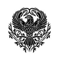 Regal eagle with spread wings in heraldic shield adorned with floral ornament. Vector illustration ideal for logos, emblems, badges, and other related designs.