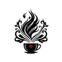 Elegant coffee cup with ornate floral pattern and heart accent. Perfect for cafe, restaurant, kitchen, coffee shop, and lifestyle-related designs. Vector illustration.