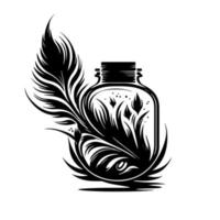 Ink drawing supplies with feather and ink bottle. Abstract vector illustration for artistic, calligraphy, and writing-related designs.