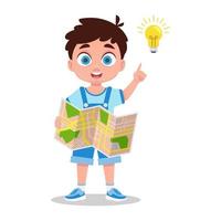 A boy with a map in his hands found the way. Vector illustration