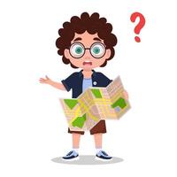 The child is lost, a boy with a map in his hands vector