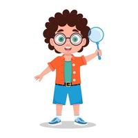 Cute boy looks through a magnifying glass, the child explores the world vector