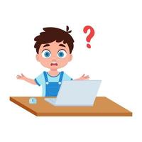 The boy at the computer is looking for an answer. Vector illustration