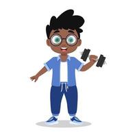 Cute boy goes in for sports, exercises with dumbbells vector