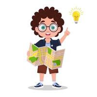 A boy with a map in his hands found the way. Vector illustration