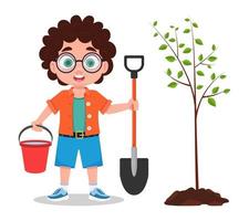 linda chico plantando un árbol. vector ilustración