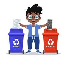 Cute boy sorting garbage, paper and electronic waste vector