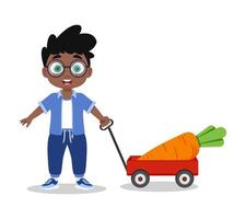 un niño con un carro de zanahorias, un granjero chico vector