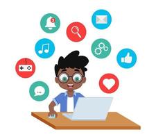 The boy works at a laptop, looking for information on the Internet, social networks vector