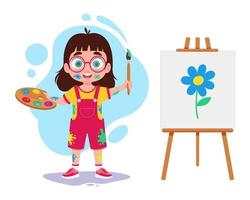 Girl draws with paints, vector illustration