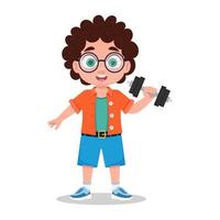 Cute boy goes in for sports, exercises with dumbbells vector