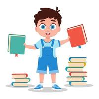 Child holding books, cute boy with books. Vector illustration