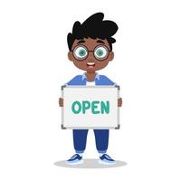 Boy with a sign in his hands, the inscription is open vector