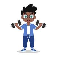 Cute boy goes in for sports, exercises with dumbbells vector