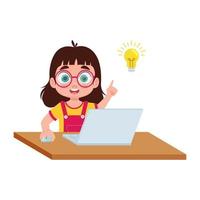 Girl child sits at a laptop, idea vector
