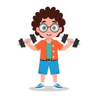 Cute boy goes in for sports, exercises with dumbbells vector