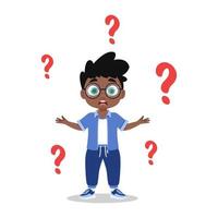 Cute boy looking for an answer, misunderstanding, question mark vector