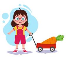 A child with a cart of carrots, a farmer girl vector