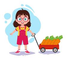 Cute baby with a cart of carrots vector