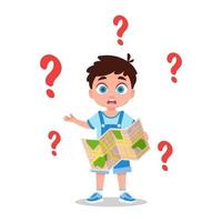 Cute boy looking for an answer, misunderstanding, question mark vector