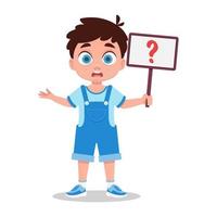 The child asks, a boy with a sign in his hands, a question mark vector