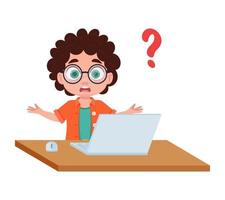 The boy at the computer is looking for an answer. Vector illustration