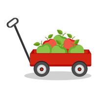 Red cart with apples. Harvest of apples vector