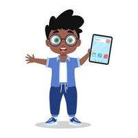 Happy child with a tablet in his hand. Vector illustration