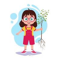 niño con un árbol en su mano, el niña es plantando un árbol vector