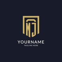 MJ logo initial with geometric shield shape design style vector