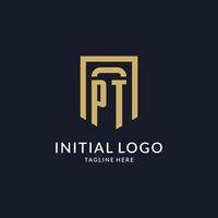 PT logo initial with geometric shield shape design style vector