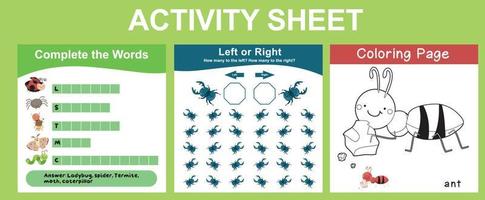 3 in 1 Activity sheet for children. Educational printable worksheet. Vector illustrations.