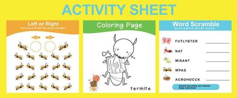 3 in 1 Activity sheet for children. Educational printable worksheet. Vector illustrations.