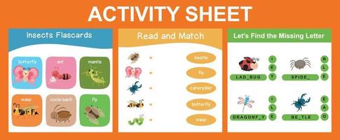 3 in 1 Activity sheet for children. Educational printable worksheet. Vector illustrations.