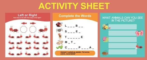 3 in 1 Activity sheet for children. Educational printable worksheet. Vector illustrations.