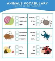 escoger el correcto respuesta. animales vocabulario. hoja de cálculo para preescolar. palabras prueba educativo juego para niños. vector archivo.