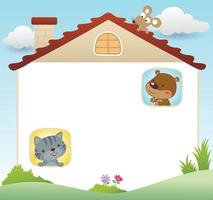 A text template banner in white house shape. Bear and cat at the windows, mouse in roof top vector