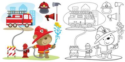 Vector cartoon of cute bear in  fireman costume with firefighter elements, coloring book or page