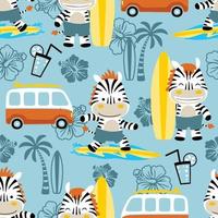 Vector seamless pattern of beach holiday elements cartoon, funny zebra with surfboard