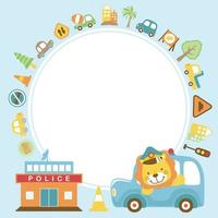 Funny lion cartoon driving car, text template banner with traffic elements vector