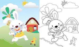 Vector cartoon of cute rabbit chasing duckling on rural view background, coloring book or page