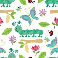 Seamless pattern vector of bugs cartoon, caterpillar, butterfly with flowers.