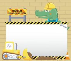 Vector illustration of cartoon crocodile with construction element, blank card template