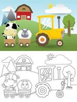 Vector illustration of farm animals cartoon on cart pulling by tractor, farm field elements cartoon, coloring book or page