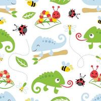 Seamless pattern vector of chameleon cartoon with bugs and leaves