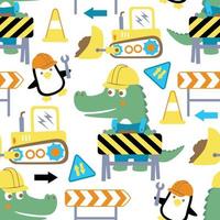 Seamless pattern vector of construction elements cartoon with crocodile and penguin