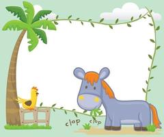 vector ilustración de dibujos animados Burro comiendo césped en jardín con un pollo perca en cerca debajo Coco árbol, blanco firmar modelo