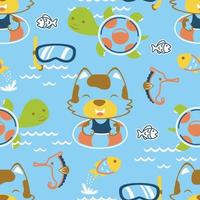 Seamless pattern vector of cute cat with marine animals and diving goggles