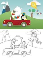 Vector illustration of funny polar bear on car with little penguin while playing kite on scene background. Coloring book or page