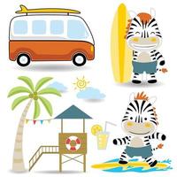 Vector cartoon of funny zebra surfing, summer beach vacation elements